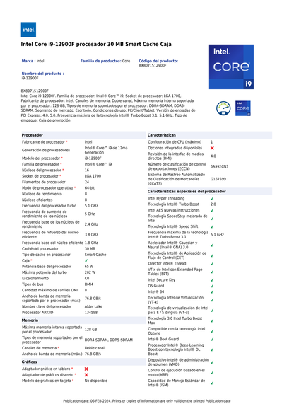 Procesador Intel Core i9-12900F con disipador sin graficos LGA 1700 12a Gen 16Core 2.4Ghz 65w