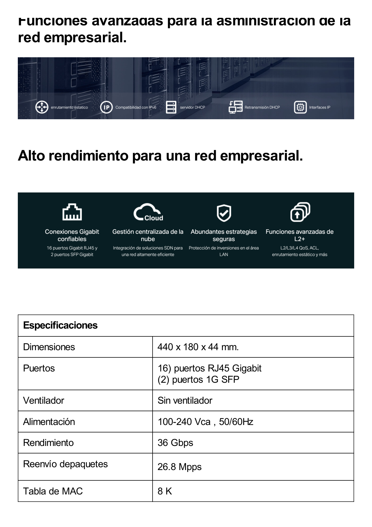 Switch Omada SDN Administrable / 16 puertos Gigabit y 2 puertos SFP / Funciones sFlow, QinQ y QoS / Administración centralizada OMADA