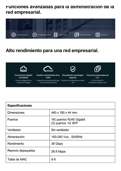 Switch Omada SDN Administrable / 16 puertos Gigabit y 2 puertos SFP / Funciones sFlow, QinQ y QoS / Administración centralizada OMADA