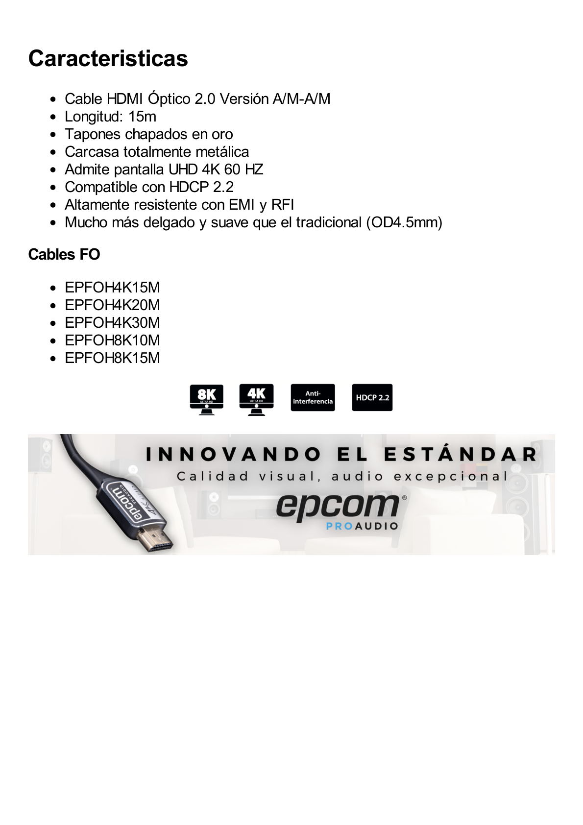 Cable HDMI de Fibra Óptica de 15m | Alta Definición | Version 2.0 | Alta velocidad 18Gbps | 4K@60Hz | HDCP 2.2 | Resistente a EMI y RFI