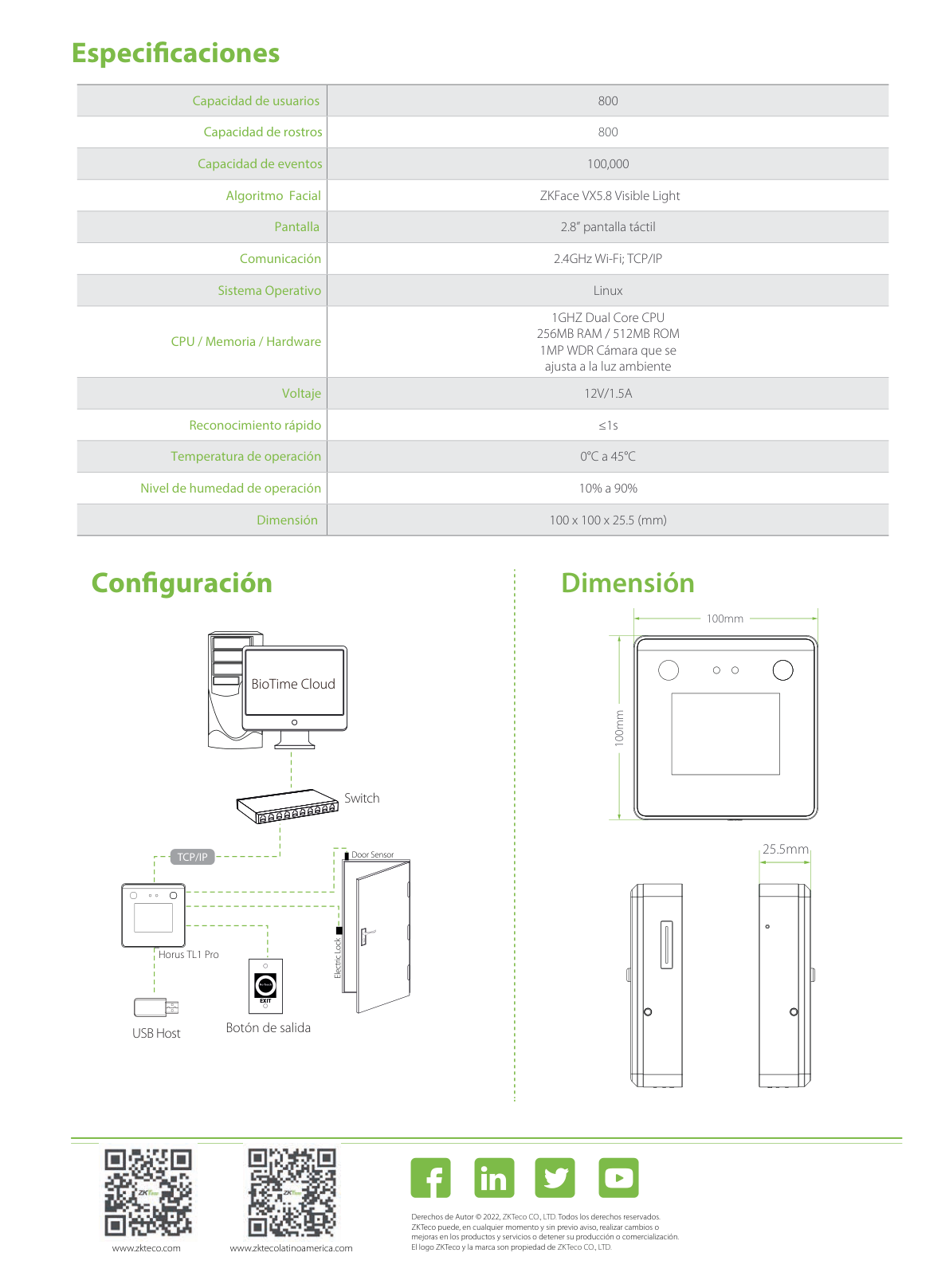 Control de Acceso y Asistencia facial ZK HORUSTL1PRO Visible Light / 800 rostros / 100 000 eventos / TCPIP/ WiFi / Compatible con Bio Time Pro