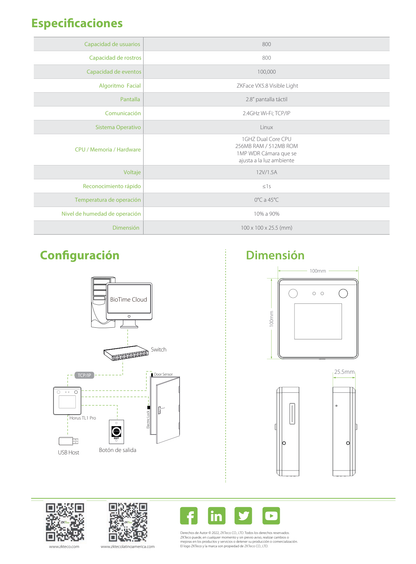 Control de Acceso y Asistencia facial ZK HORUSTL1PRO Visible Light / 800 rostros / 100 000 eventos / TCPIP/ WiFi / Compatible con Bio Time Pro