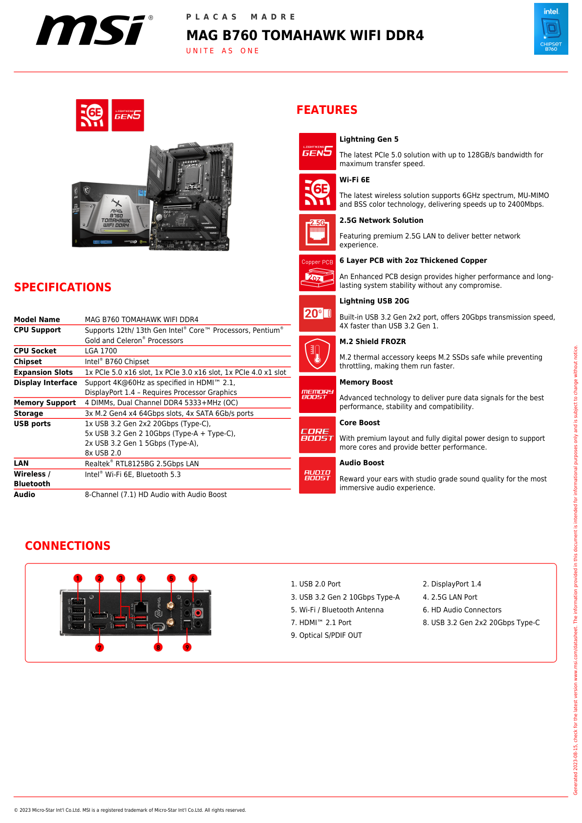 Tarjeta Madre MSI MAG B760 TOMAHAWK Wifi DDR4 socket 1700 Gen 12/13/14 4xDDR4 HDMI DP ATX