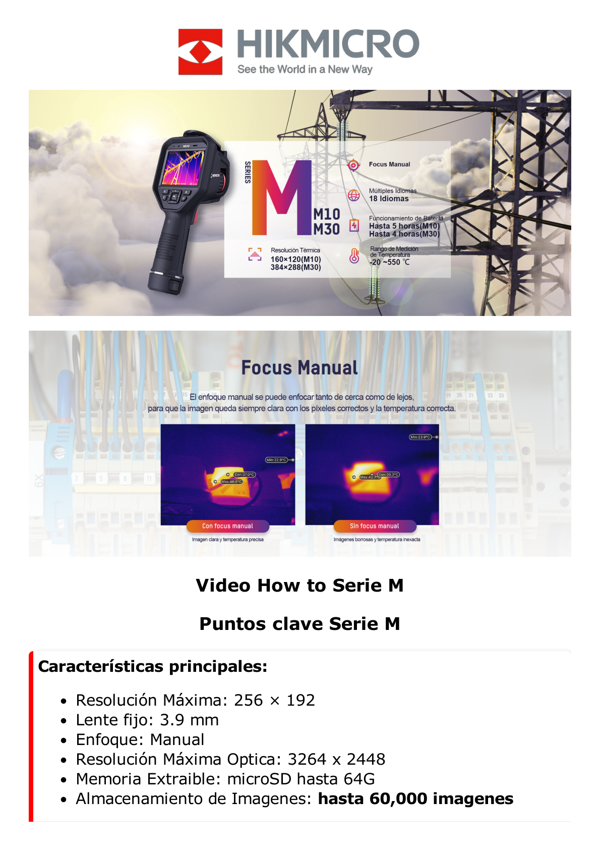 M20W - Cámara Termográfica Portátil Dual / Lente Térmico 3.6 mm (256 x 192) / Lente Óptico (8 Megapixel) / WiFi / IP54 / z MicroSD hasta 64 Gb  / Hasta 6 Horas de Funcionamiento Continuo