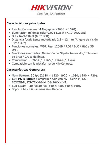 Bala IP para Manufactura de 4 Megapixel / Lente Mot. 2.8 a 12 mm / 60 FPS (IPS) a 1080p (2 Megapixel) / WDR 120 dB / PoE / Videoanalíticos Integrados / Micro SD