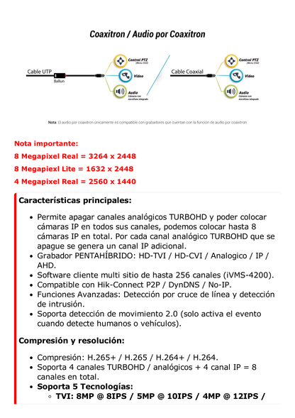 DVR 4 Canales TurboHD + 4 Canales IP / 8 Megapixel (4K) / Acusense (Evita Falsas Alarmas) / Audio por Coaxitron / 1 Bahía de Disco Duro / 4 Entradas de Alarma / 1 Salida de Alarma / H.265+ / Salida de Video en Full HD