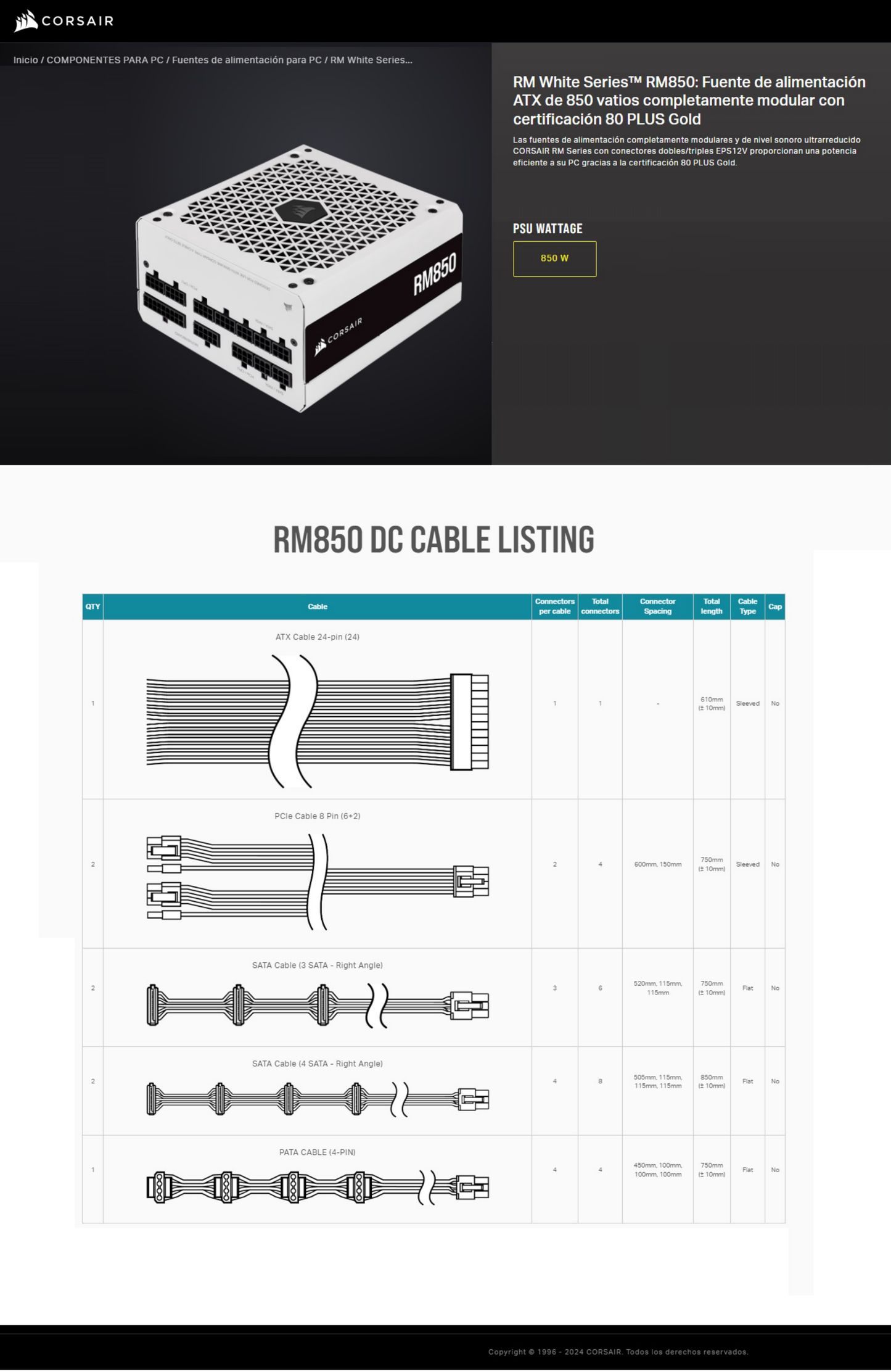 Fuente Corsair 850W RM850 80 Plus Gold Full Modular Blanco