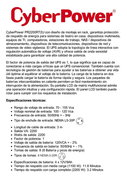 UPS de 2200 VA/2200 W, Topología Línea Interactiva, Entrada 120 Vca NEMA L5-30P, Onda Senoidal Pura, Torre o Rack 2 UR, Con 8 Tomas NEMA 5-20R