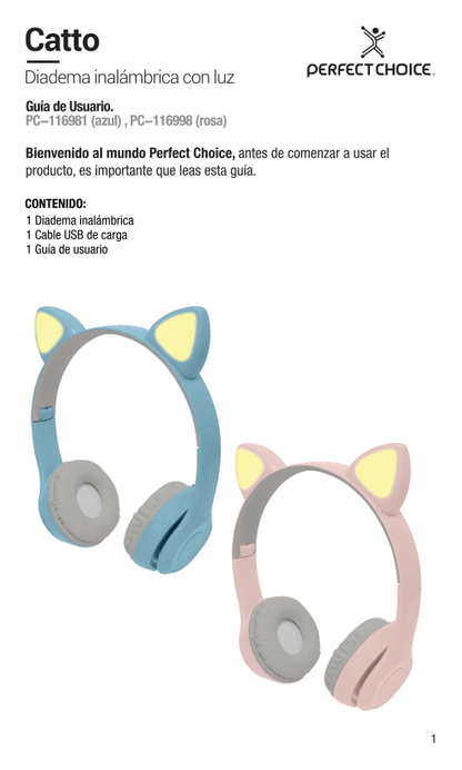 Diadema Perfect Choice Catto rosa alambrico/inalambrico para niños bluetooth 3.5 mm