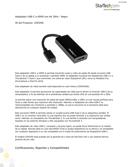 ADAPTADOR STARTECH USB-C A  HDMI - CONVERTIDOR USB 3.1 TYPE- C A  HDMI STARTECH.COM CDP2HD