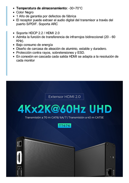 Receptor Compatible para Kits TT- 676 / 4K@60Hz con IR / Distancia de 70 Metros / Conexión en Cascada de hasta 10 Receptores con TT676.