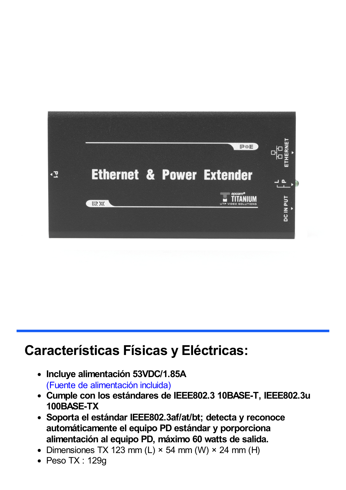 (POE 600 METROS) Receptor para Extensor PoE TT-8001TPOE / 1 Puerto  para recepción de video y alimentación (PoE) / IDEAL PARA DOMOS Y CAMARAS IP / Conexión en Cascada / Soporta PTZ´s de 60 W / Soporta IEEE802.3af/at