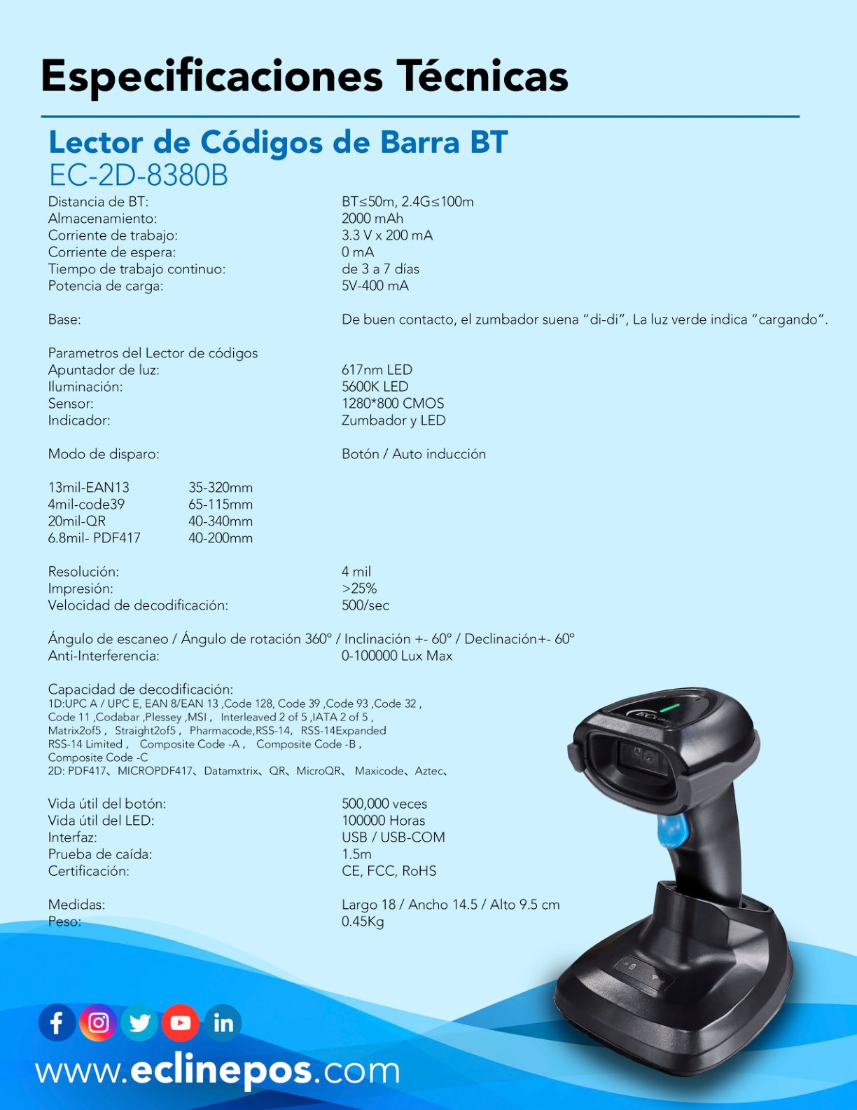 Lector Codigos de Barras EC-2D-8380BT Negro Led Inalambrico BT USB  USB-COM 1D  2D  QR  500 Lecturas por segundo Resistente a Caidas de 1.5 Mts