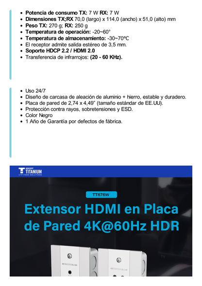 Kit Extensor HDMI en PLACAS DE PARED para distancias de 70 metros / Resolución 4K@60Hz / Cat 6/6A/ 7 / HDR/ IPCOLOR/ Cero Latencia / Soporta Control Remoto / Placa de pared de 2.74 x 4.49” (tamaño estándar de EE.UU.)