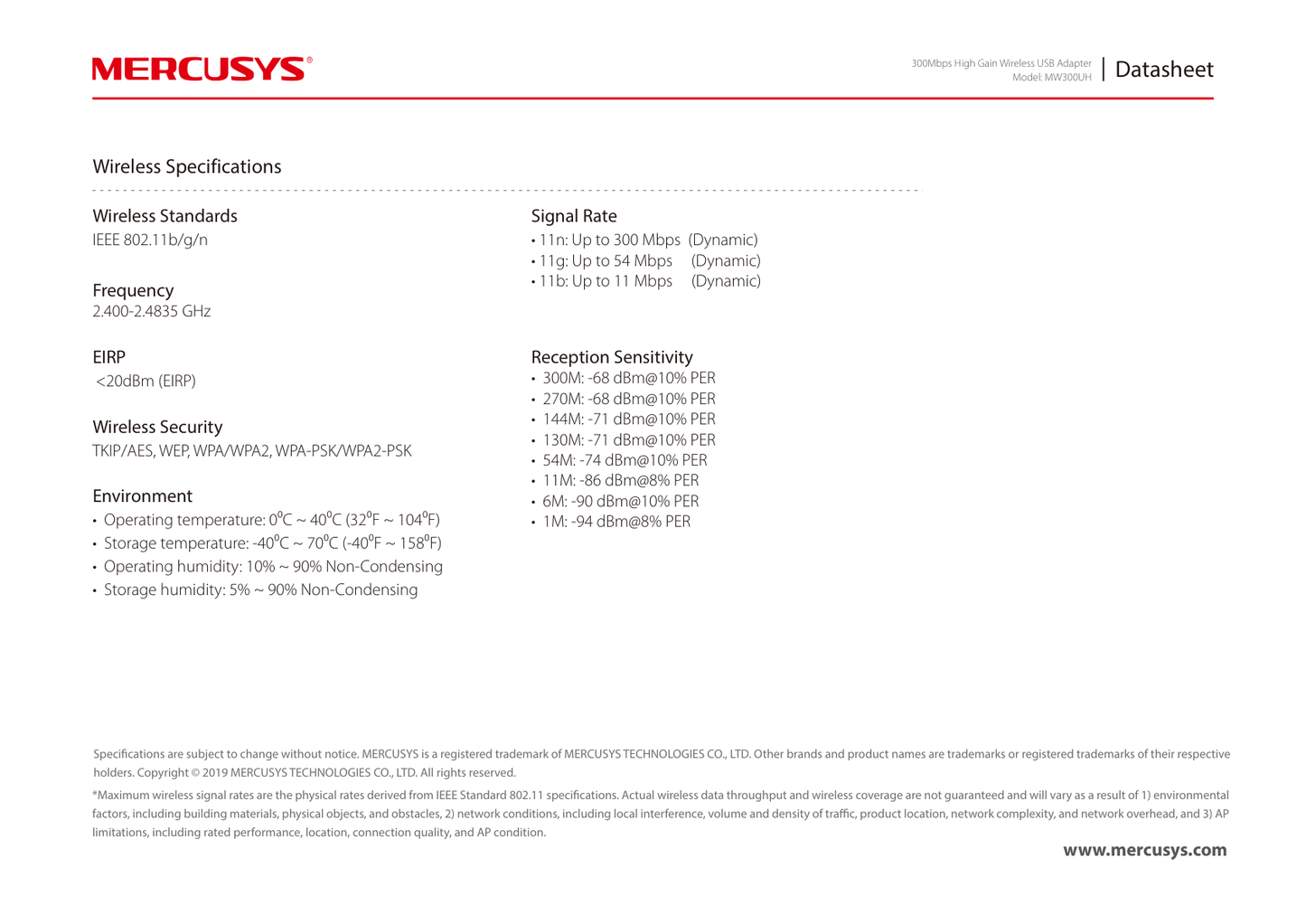 Adaptador inalámbrico USB 2.0 Mercusys MW300UH N 300Mbps 2.4GHz de alta ganancia 2 antenas 5dBi 2x2 MIMO