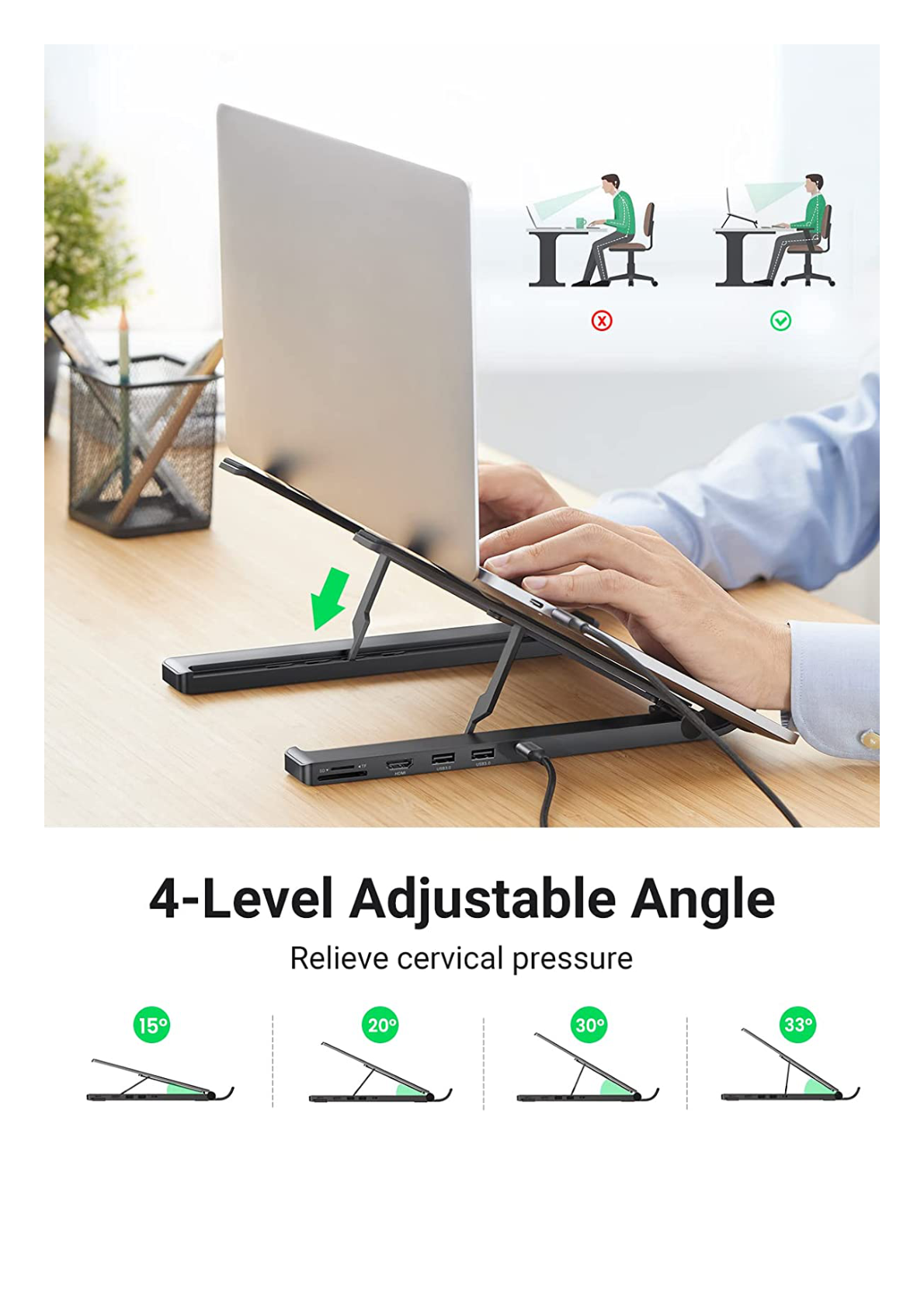 HUB (Docking Station) 5 en 1 con Soporte para Laptop | 2 USB 3.0 a 5Gbps | HDMI 4K@30Hz | Memoria Micro SD (TF) + SD | Amplia Compatibilidad de 10-15" | Ajuste de Altura | Aluminio | PC+ABS | Silicona | Color Negro.