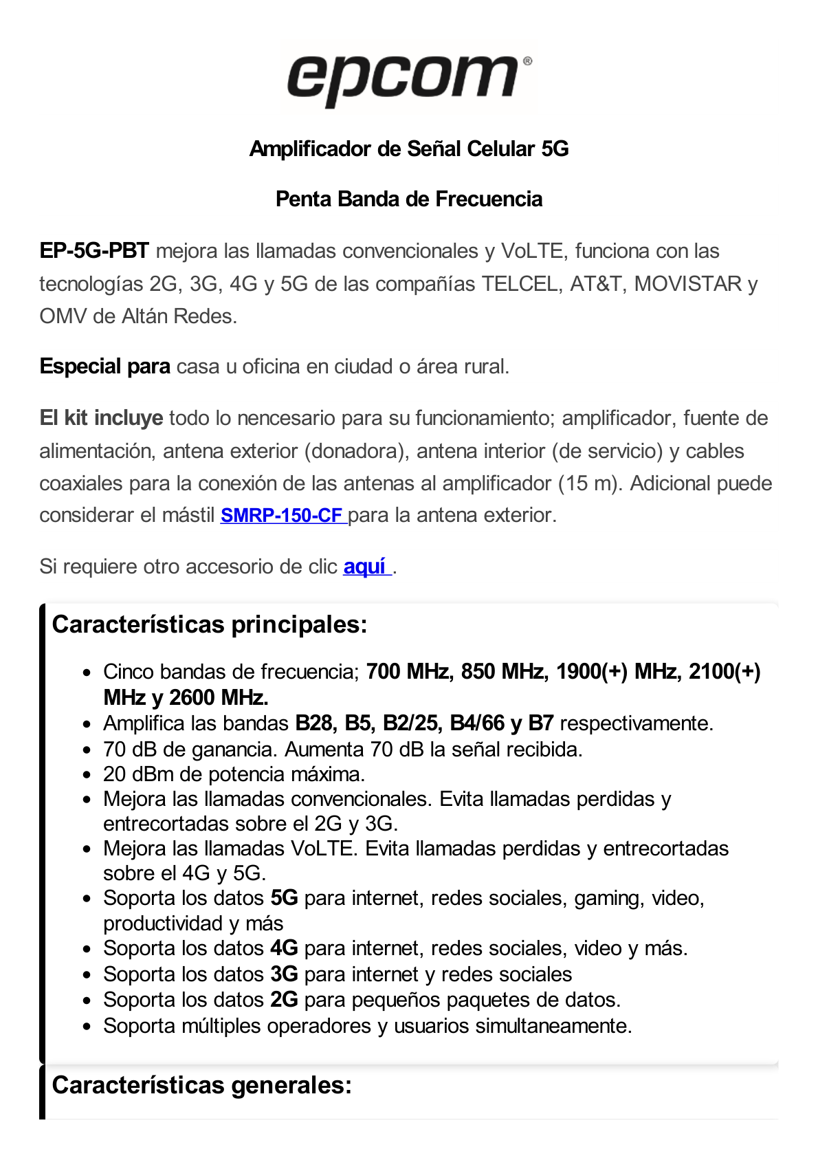 Kit Amplificador de Señal Celular 5G / Mejora las llamadas convencionales y VoLTE / Soporta los datos de las tecnologías 2G, 3G, 4G y 5G de TELCEL, AT&T, MOVISTAR y OMV de Altán / Cubre hasta 300 m2.