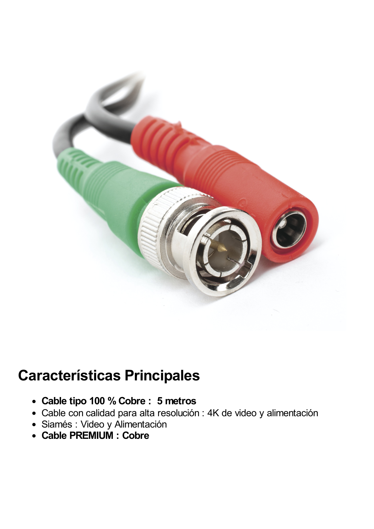 Cable coaxial ( BNC RG59 ) + Alimentación / SIAMÉS / 5 Metros / 100 % COBRE / Para Cámaras 4K  / Uso interior y exterior