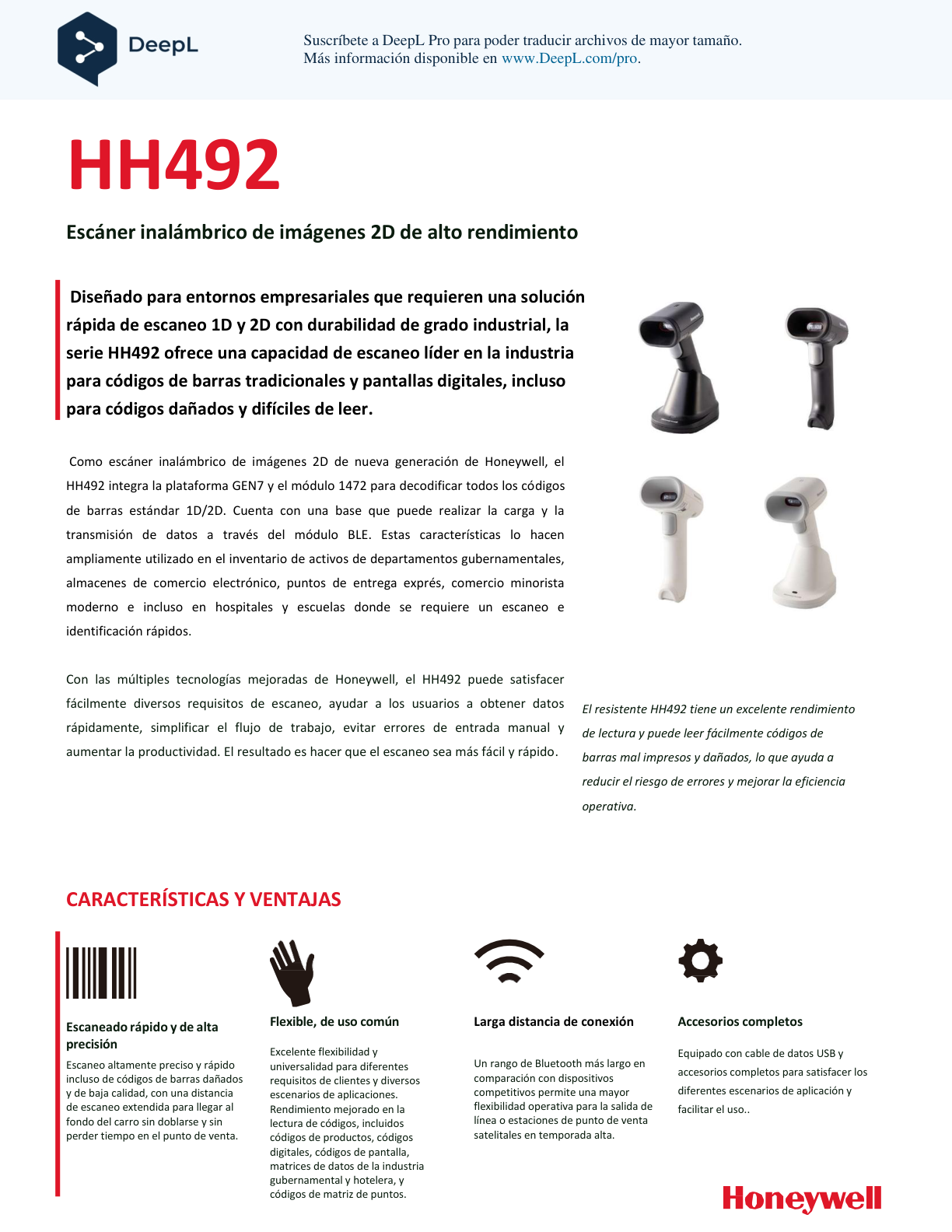 Lector de codigo de barras Honeywell HH492-R1-1USB-5 Imager Inalambrico 2D Kit Lector con base de carga y comunicacion negro HH492-R1-1USB-5