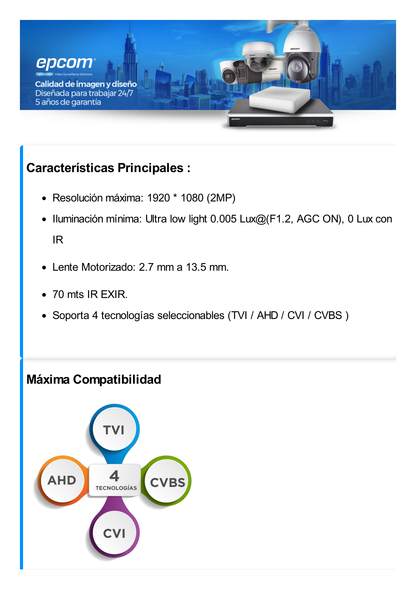 Bala TURBOHD 2 Megapixel (1080p) / Lente Mot. 2.7 mm a 13.5 mm / 70 mts IR EXIR / Exterior IP67 / Ultra Baja Iluminación / METAL / 24 VCA / 12 VCC