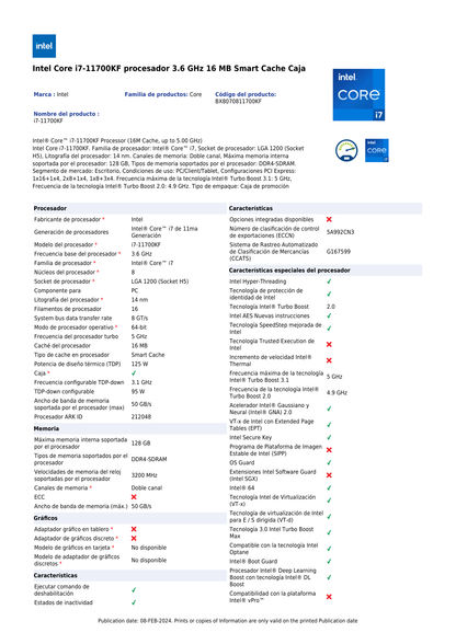 Procesador Intel Core i7-11700KF sin disipador y graficos LGA 1200 11a Gen 8Core 3.6Ghz 95w