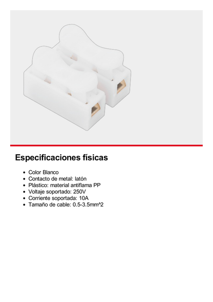 Conector tipo PUSH de 2 Contactos / Para una Conexión Rápida / Puentes de Cables