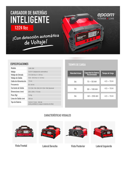 Cargador de Baterías / 12 o 24 Vcc / hasta 250 Ah / 25 A / Display LCD