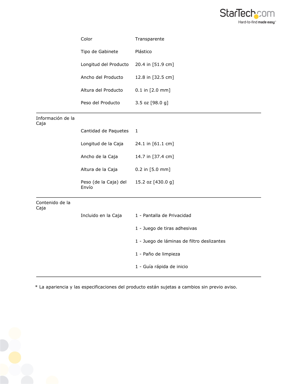 Filtro StarTech de Privacidad Para Monitor de 24  Pantalla de Privacidad Para Reducir Luz Azul Ancha 16:10 - Mate/Brillante Ángulo +/-30 Grados