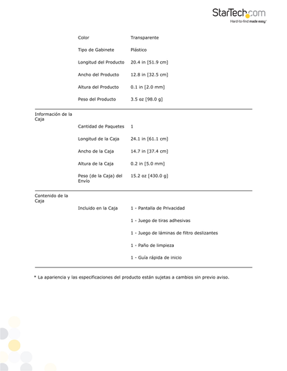 Filtro StarTech de Privacidad Para Monitor de 24  Pantalla de Privacidad Para Reducir Luz Azul Ancha 16:10 - Mate/Brillante Ángulo +/-30 Grados