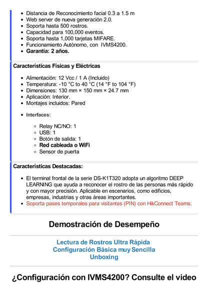 Terminal Min Moe WiFi Administrable por Smartphone o Nube /  Acceso y Asistencia /  Huella, Facial y Tarjetas MIFARE /  500 rostros y 1,000 Huellas y Tarjetas / Detección de Cubrebocas / HikConnect