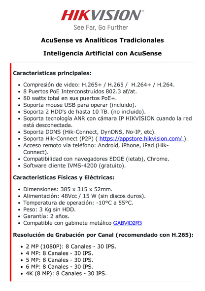 NVR 12 Megapixel (4K) / 8 canales IP / 8 Puertos PoE+ / AcuSense (Evita Falsas Alarmas) / Reconocimiento Facial / 2 Bahías de Disco Duro / HDMI en 4K / Alarmas I/O / 300 Metros PoE Modo Extendido