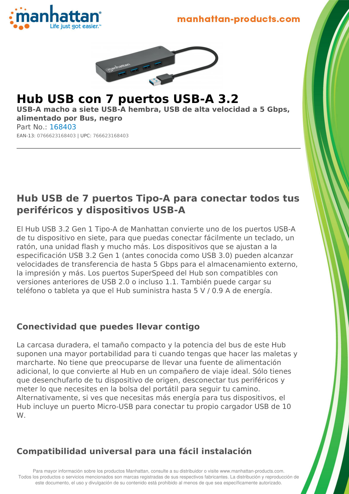 Hub USB Manhattan V3.2 7 Puertos A Sin Fuente 5Gbps