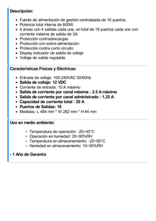 Fuente 12 Vcc /  Industrial / tipo RACK / 20 Amperes / 16 salidas / 1.25 Amperes por salida administrada / 2.5 Amperes por salida máxima