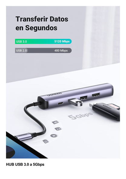 HUB USB-C (Docking Station) 5 en 1 | Ultra Delgado | 2 USB-A 3.1 a (5 Gbps) | HDMI 4K@60Hz | RJ45 (Gigabit Ethernet) | USB-C PD Carga Rápida 100W | Soporta OTG | Chips Inteligentes | Pequeño y Ligero | Caja de Aluminio.