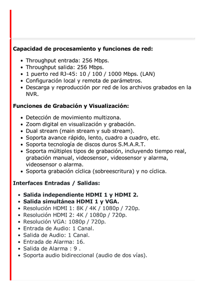 [Doble Poder de Decodificación] NVR 32 Megapixel (8K) / 16 Canales IP / 16 Puertos PoE+ / AcuSense / ANPR / Conteo de Personas / Heat Map / 4 Bahías de Disco Duro  / HDMI en 8K / Soporta POS / Alarmas I/O / ACUSEARCH