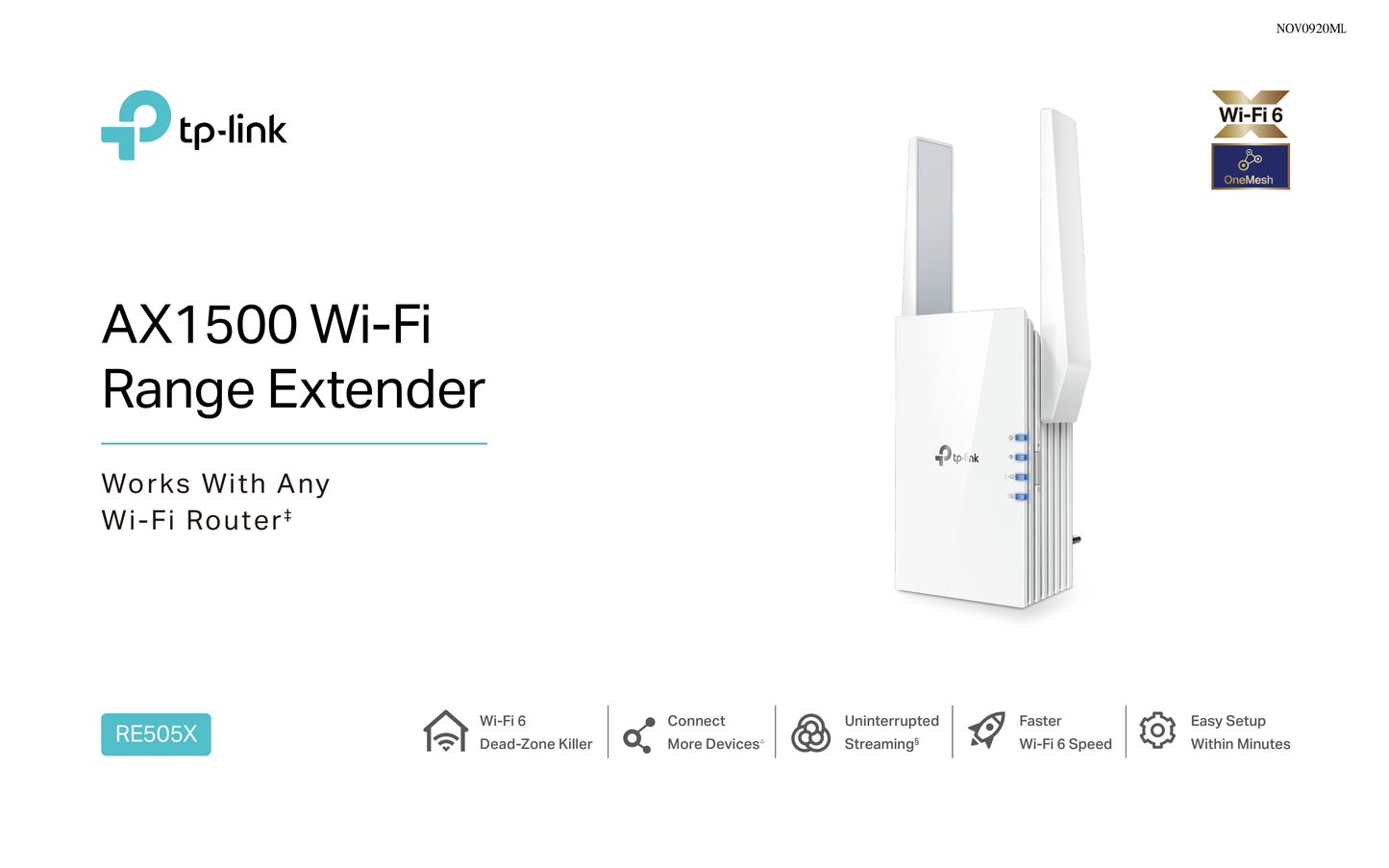 Extensor de rango inalámbrico TP-Link RE505X Wi-Fi 6 AX1500 OneMesh 1 puerto RJ45 gigabit 2 antenas externas