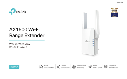 Extensor de rango inalámbrico TP-Link RE505X Wi-Fi 6 AX1500 OneMesh 1 puerto RJ45 gigabit 2 antenas externas