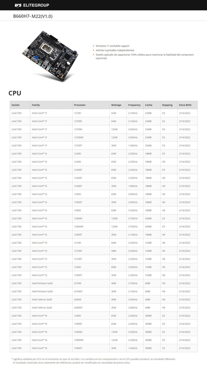 Tarjeta madre ECS B660H7-M22 socket 1700 Gen 12/13/14 2xDDR4 HDMI DVI-D Micro ATX