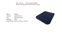 MOUSE PAD NEXTEP ERGONOMICO INDIVIDUAL 6MM NEGRO NE-418I