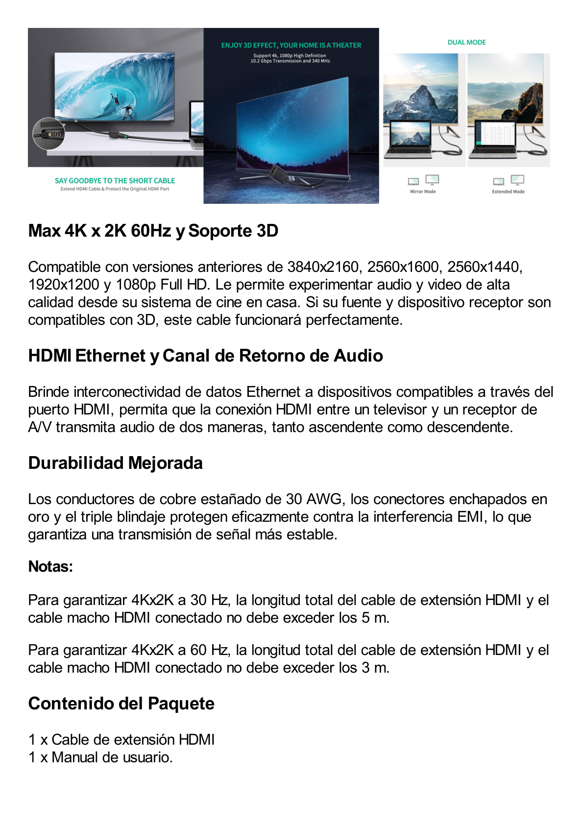 Cable extensor HDMI de 1 M / 4K@60Hz / 3D / HDR /  Macho a Hembra / Núcleo de cobre estañado / Transmisión estable.