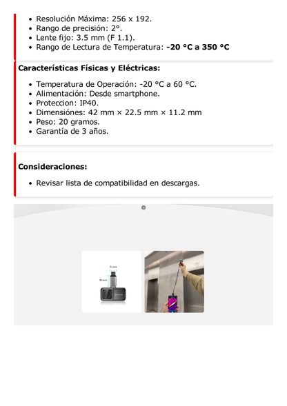 MINI2 - Cámara Termográfica Portátil para Celulares (Android) /  Conector Tipo USB - C / Lente 3.5 mm / IP40  / JPEG (Imagen) / Video (MP4) / Rango de Medición de -20°C a 350°C