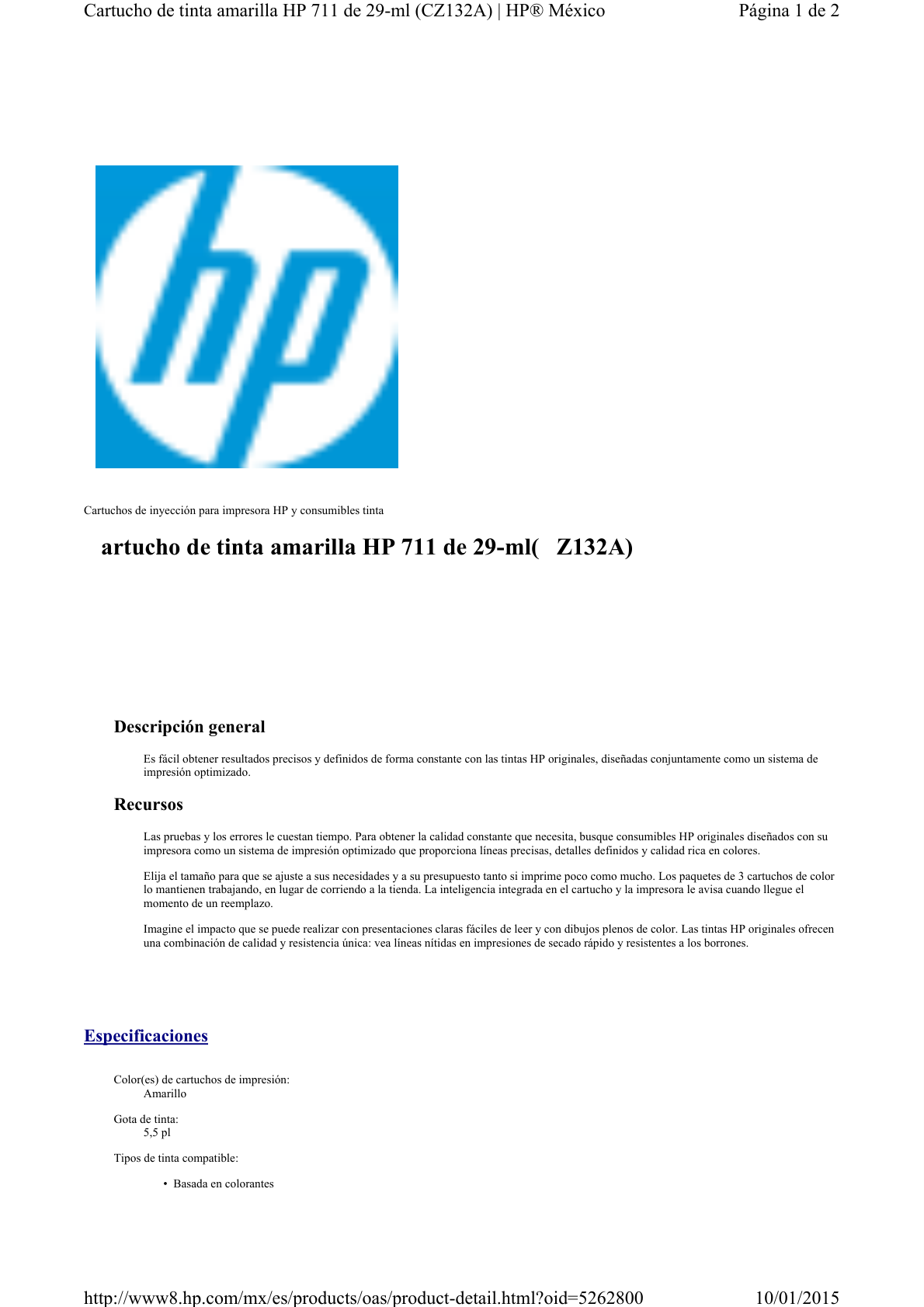 TINTA HP LF 711 CZ132A AMARILLO DESIGNJET T120 T520 29ML