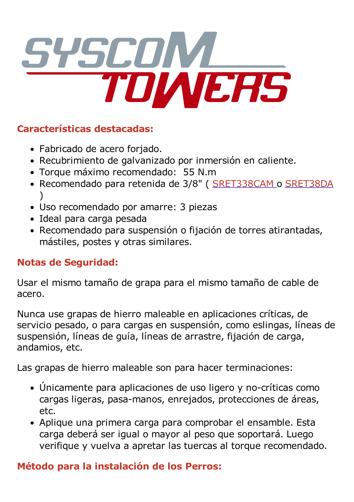 Nudo/ Perro/ Abrazadera Acero Forjado para Cable de 3/8", Galv. por Inmersión en Caliente.