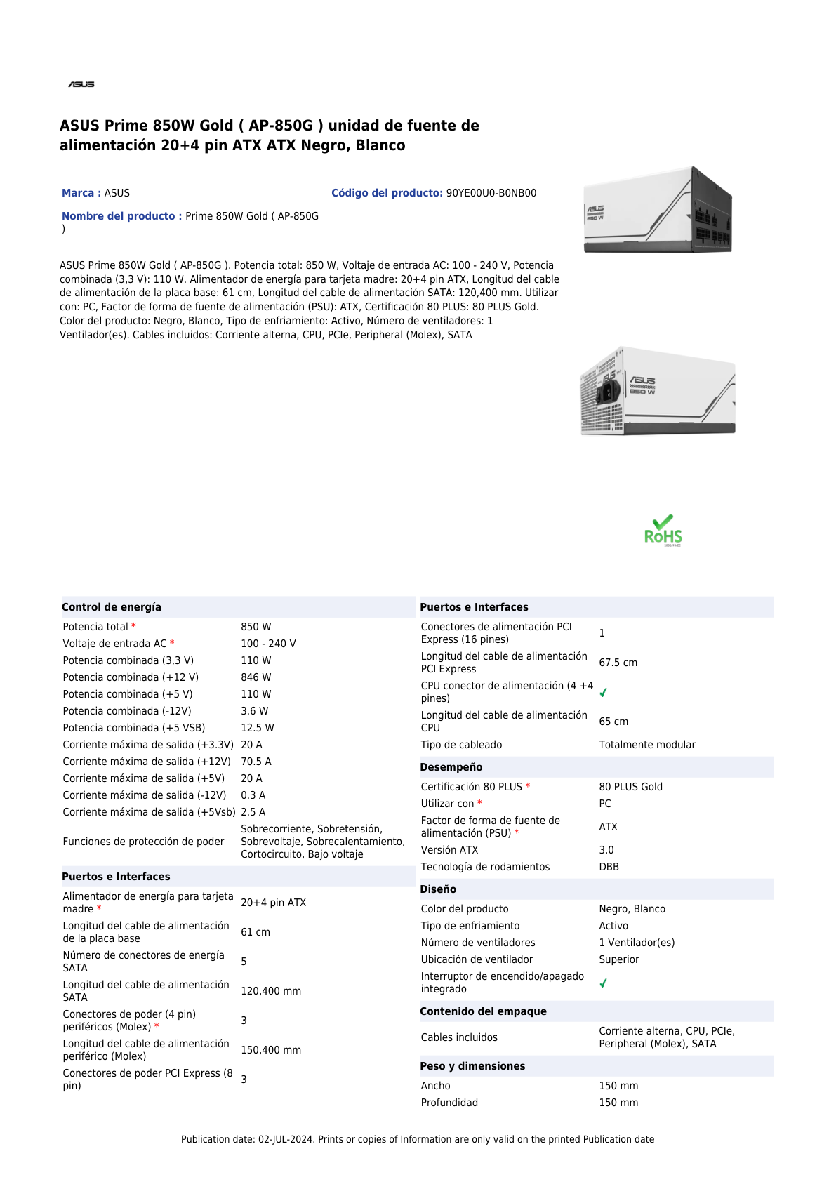 Fuente ASUS 850W AP-850G 80Plus Gold blanco-negro  Modular ATX 3.0