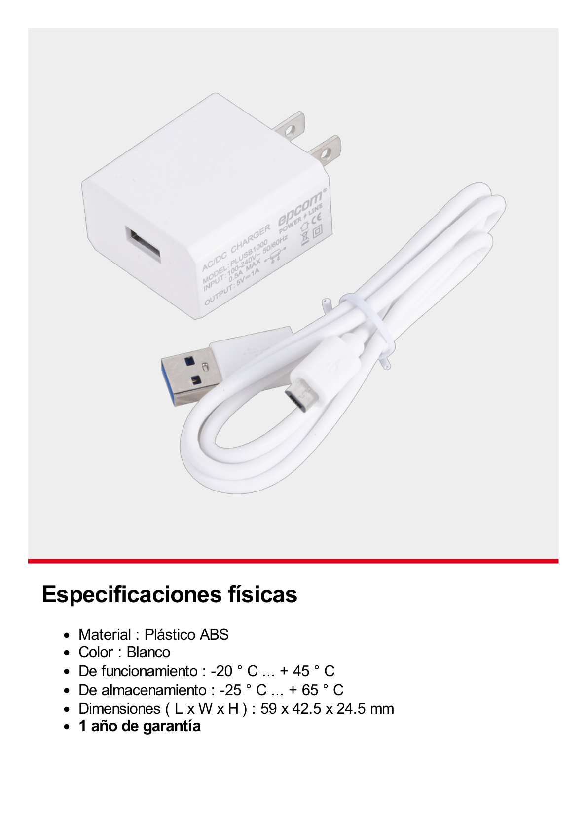 Cargador Micro-USB Profesional de 1 Puerto / 5 VCC / 1 Amper Para Smartphones y Tablets / Voltaje de Entrada de 100-240 VCA