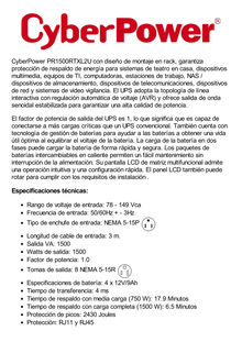 UPS de 1500 VA/1500 W, Topología Línea Interactiva, Entrada 120 Vca NEMA 5-15P, Onda Senoidal Pura, Torre o Rack 2 UR, Con 8 Tomas NEMA 5-15R