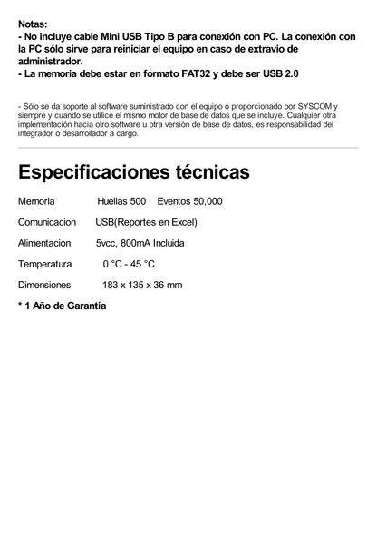 Lector de Huella con Teclado para Control de Asistencia, 500 Huellas, Genera Reporte por USB en Excel, Descarga mediante memoria USB / Incluye Fuente