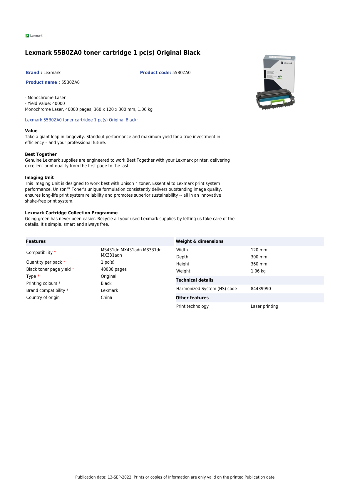 UNIDAD FOTOCONDUCTORA LEXMARK 55B0ZA0 NEGRO MS431DN/MX331ADN (40 000 PAG)