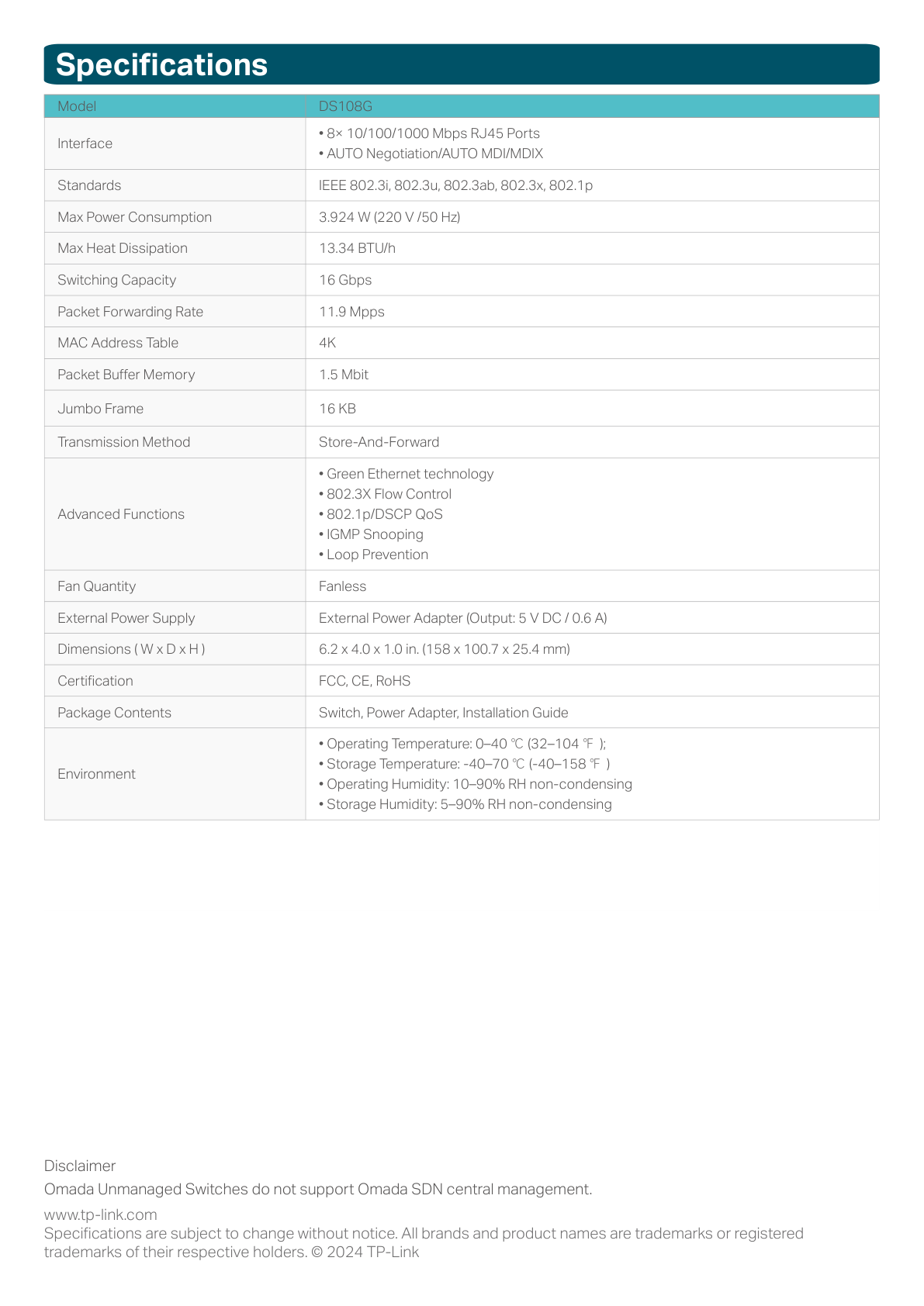 Switch TP-Link Omada DS108G metálico escritorio 8 puertos gigabit 10/100/1000M no administrable Auto-MDI/MDIX Green Ethernet