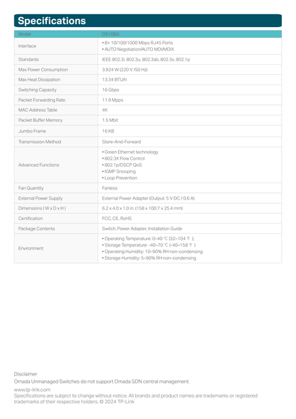 Switch TP-Link Omada DS108G metálico escritorio 8 puertos gigabit 10/100/1000M no administrable Auto-MDI/MDIX Green Ethernet